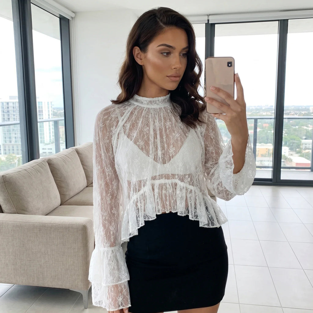 Womens Lace Floral Sheer Blouse Flare Long Sleeve Mock Neck Ruffle Peplum Hem Cropped Shirts Elegant Sexy Cover-ups Tops