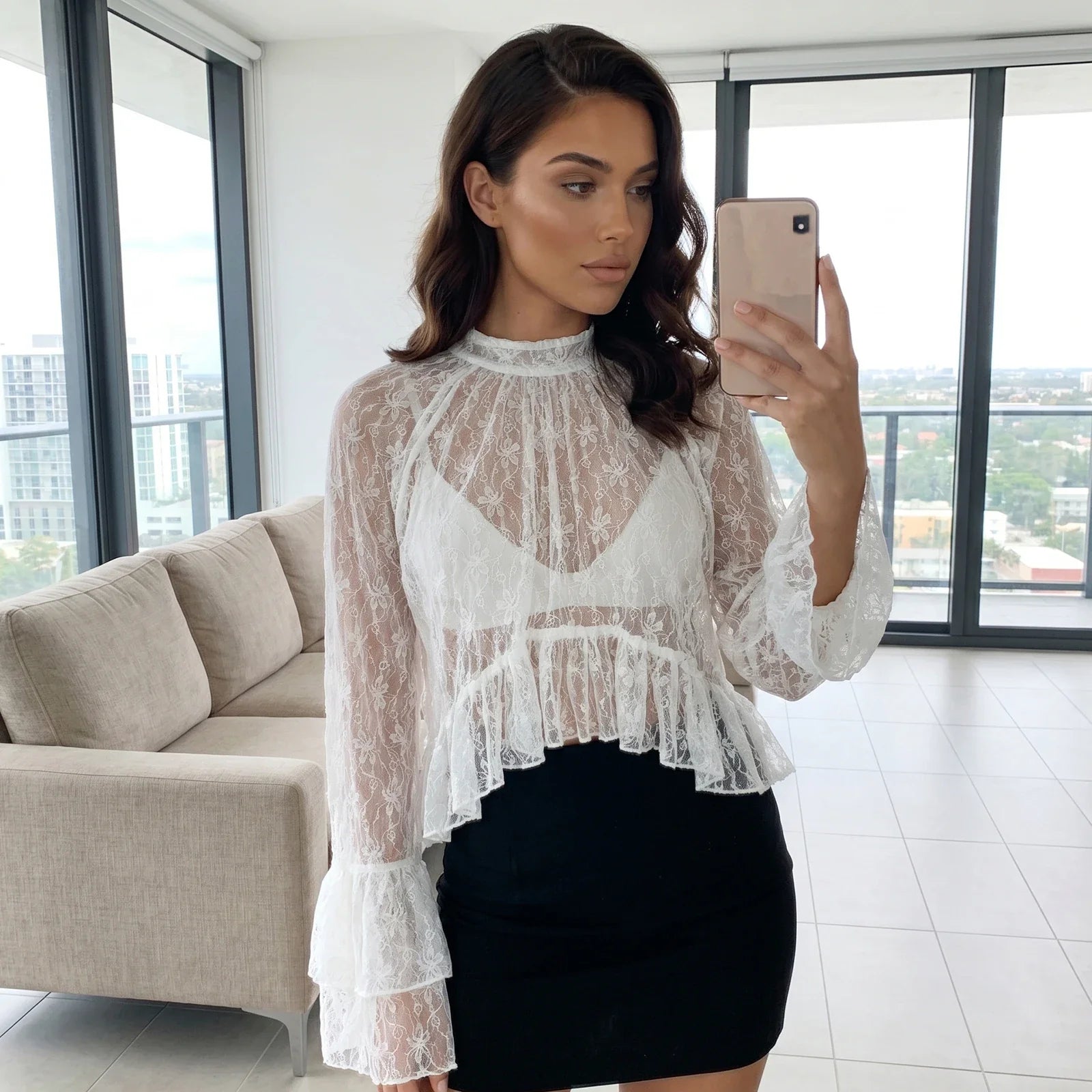 Womens Lace Floral Sheer Blouse Flare Long Sleeve Mock Neck Ruffle Peplum Hem Cropped Shirts Elegant Sexy Cover-ups Tops