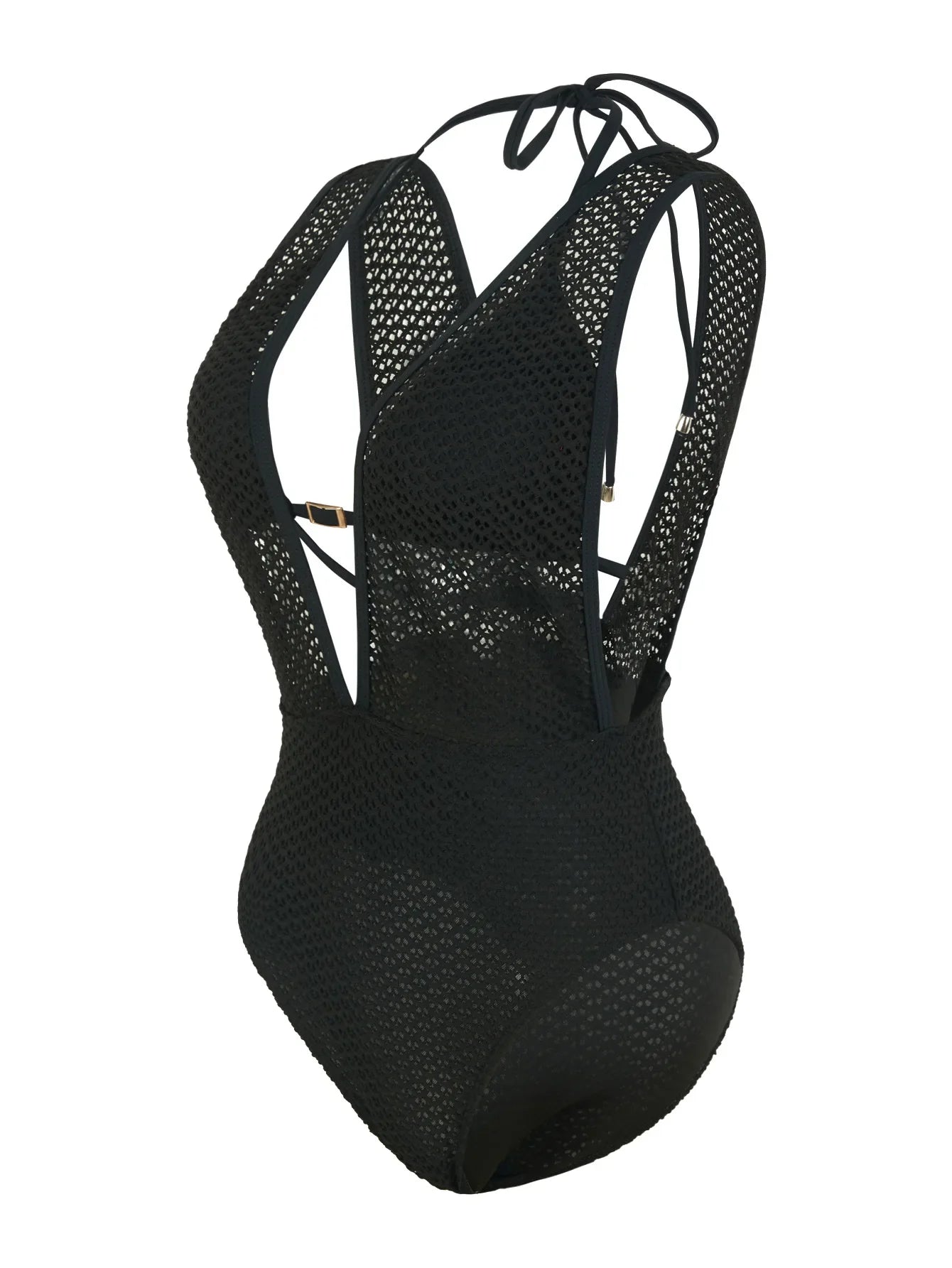 S - XL Deep V Neck Knit Fishnet Mesh One Piece Swimsuit Women Swimwear Female Backless Monokini High Leg Cut Bathing Suit Swim