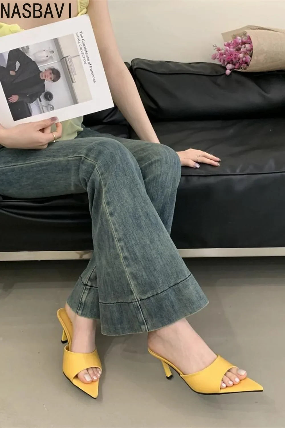 Ladies French Office OL High-heeled Slippers Shoes Fashion Pointed Sexy Women Open Toes Stripper Slides New 2026 Sandals Yellow