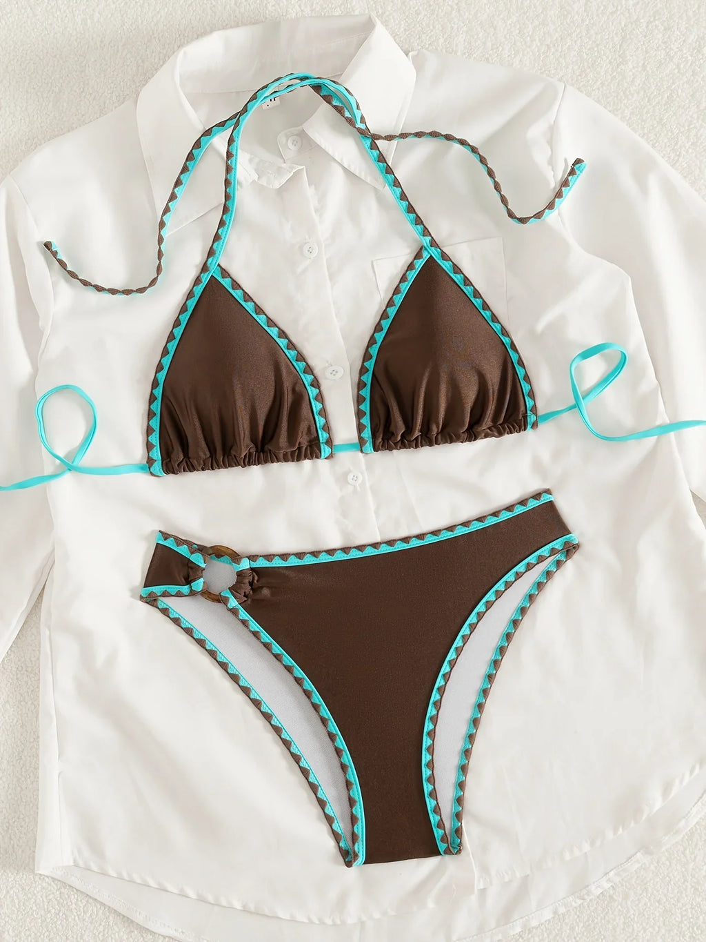 ZTVitality Sexy Coffee Color Patchwork Two-Piece Bikinis 2026 Women's Push Up Halter Bandage Swimsuit Holiday Swimwear Biquini