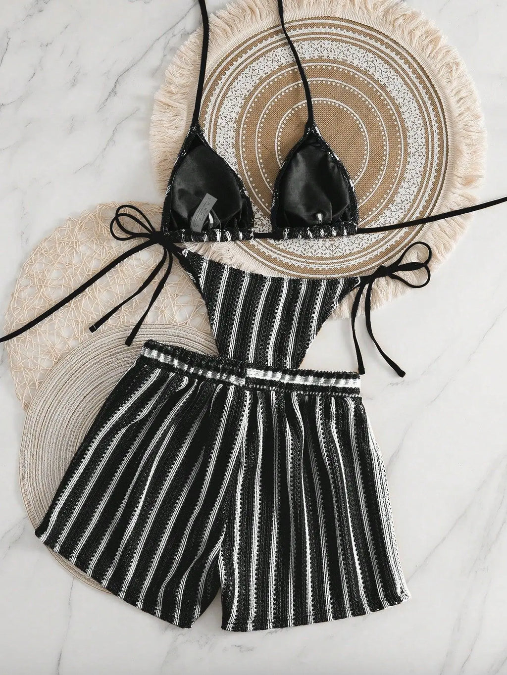 3PCS With Shorts Stripe Halter Fishnet Bikini Women Swimwear Female Swimsuit Three-pieces Bikini Set Bathing Suit Swim Beachwear