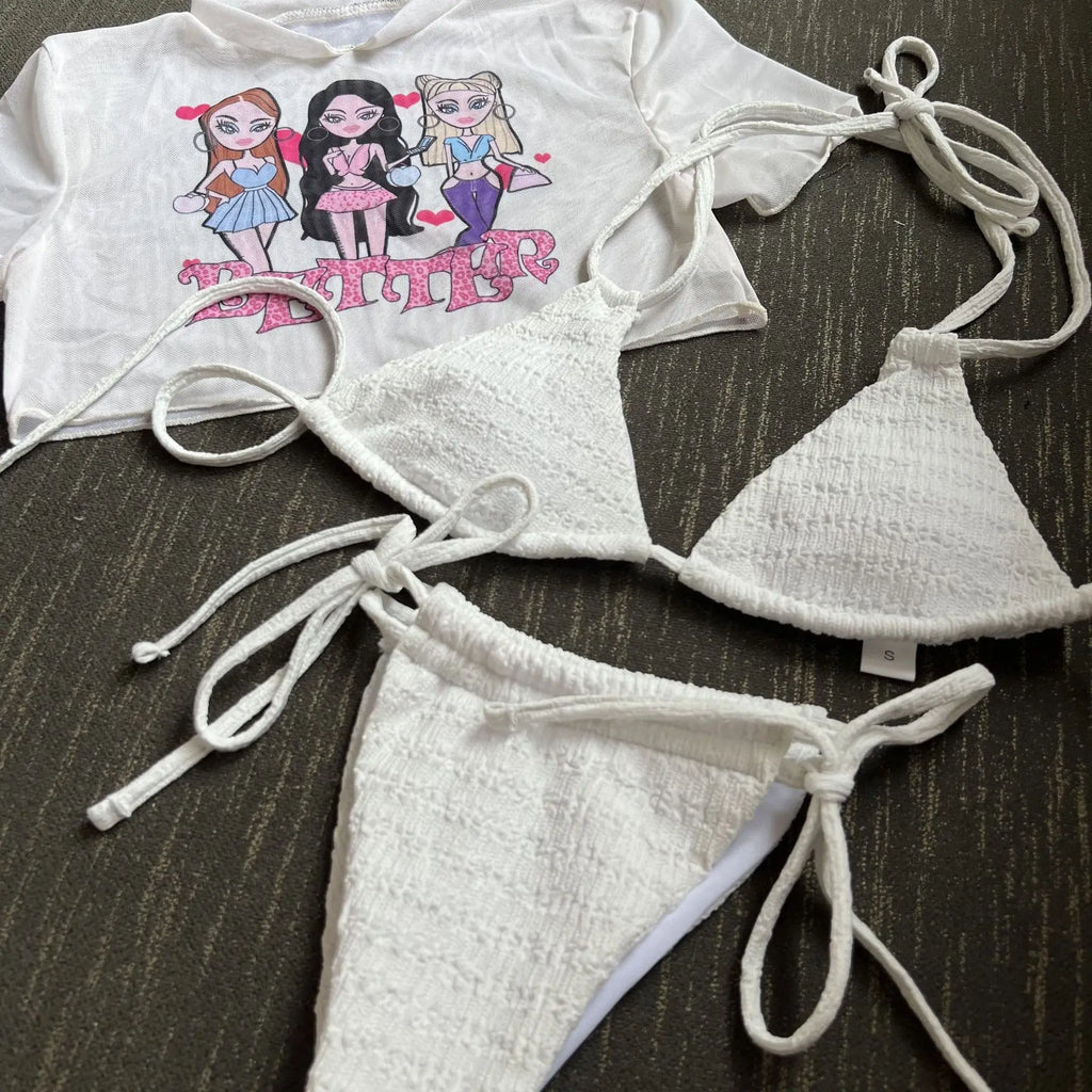 DEKA Girl Three-Piece Bikini Set High Cut Women Mesh Sheer Srappy Thong Swimwear Female Lace-up Swimsuit Bather Bathing Suit