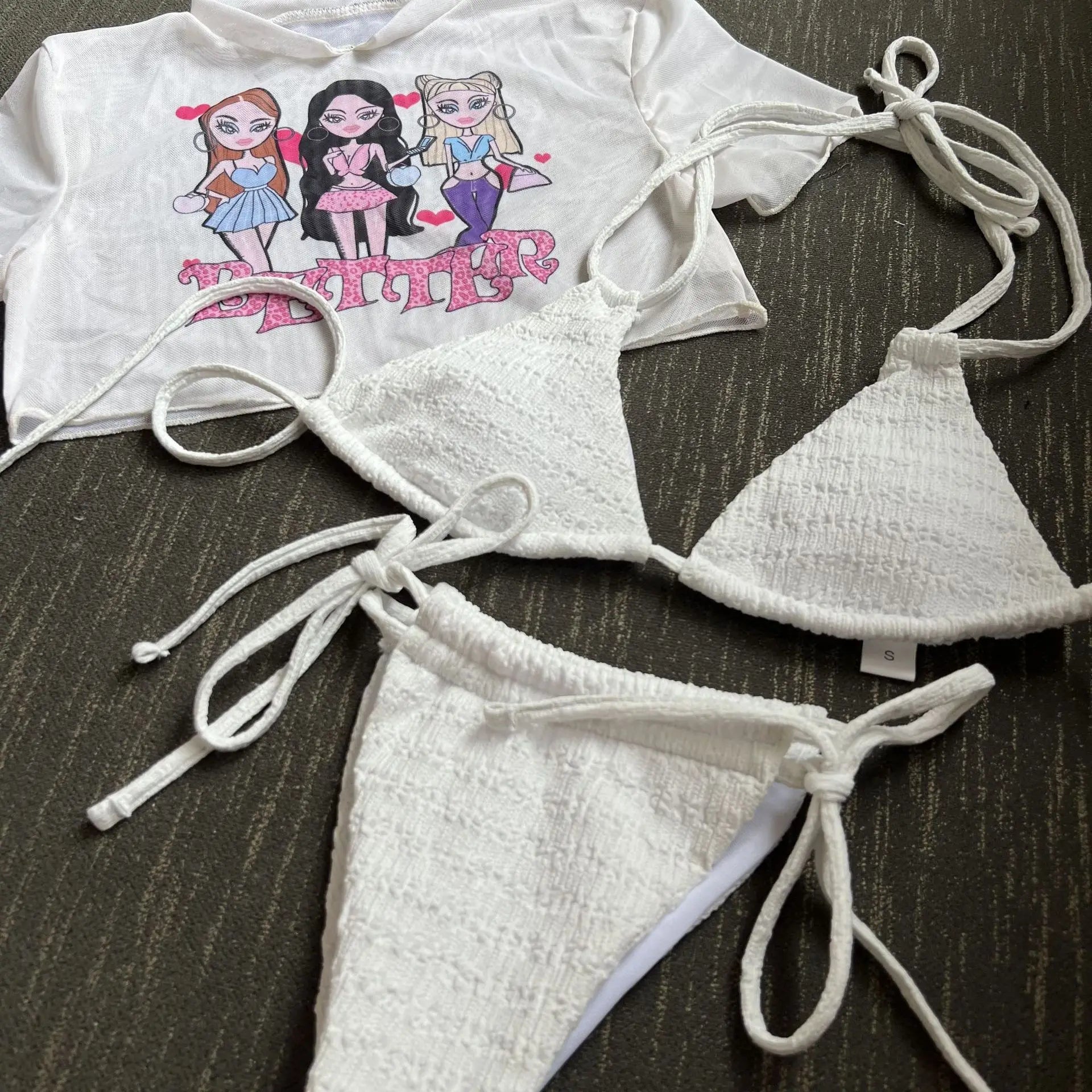 DEKA Girl Three-Piece Bikini Set High Cut Women Mesh Sheer Srappy Thong Swimwear Female Lace-up Swimsuit Bather Bathing Suit