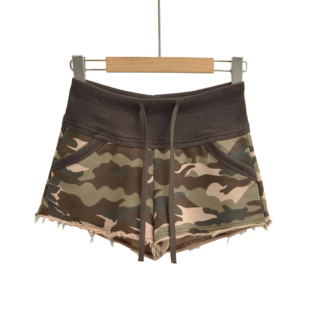 New American Style Camouflage Shorts Washed Frayed Drawstring Elastic Waist Patchwork Sexy Bodycon Hot Pants Shorts Elegant IHOH