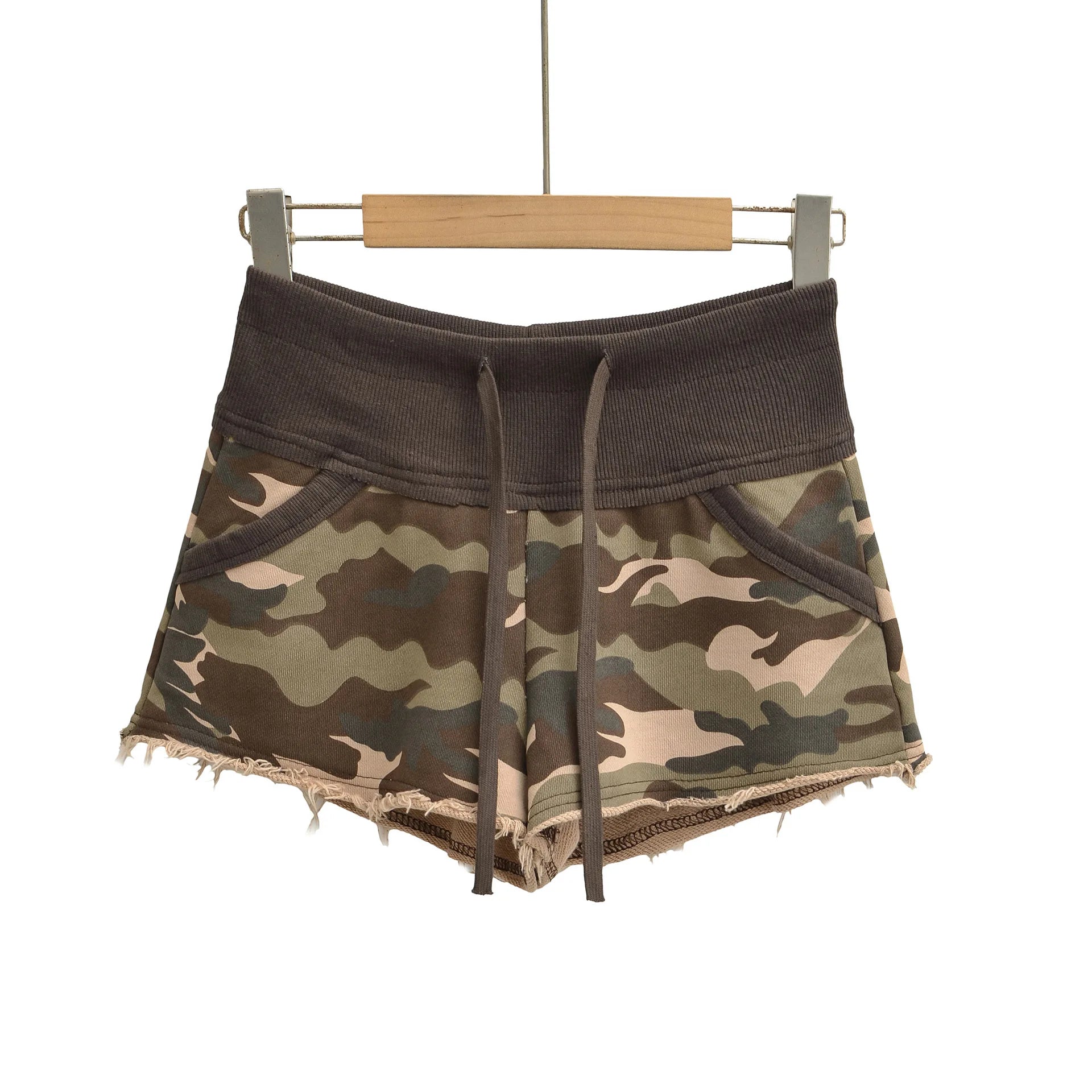 New American Style Camouflage Shorts Washed Frayed Drawstring Elastic Waist Patchwork Sexy Bodycon Hot Pants Shorts Elegant IHOH