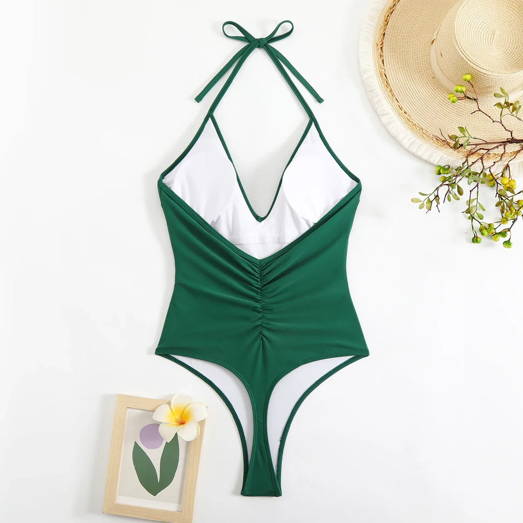 2026 Halter Swimsuit One Piece Backless Solid Swimwear Women Bathers Bathing Swimming Swim Suit Padded Beachwear Summer