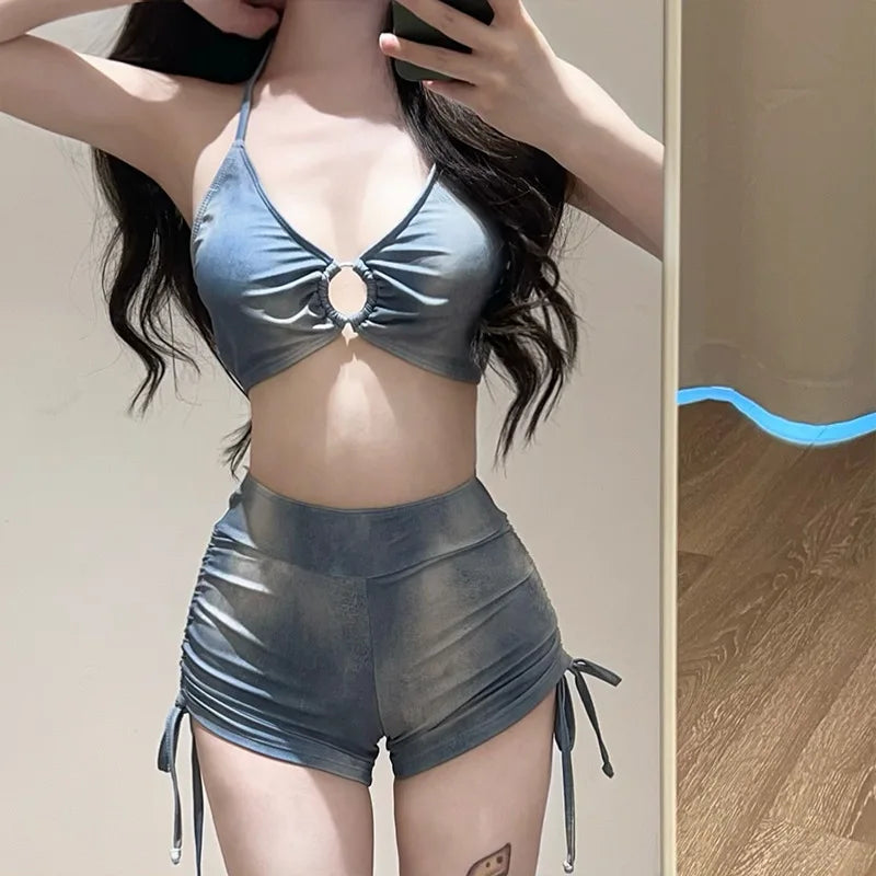 Swimsuit Women's Blue Tie Dye Split Bikini Cover, Sexy Women's Hot Spring Swimsuit Three Piece Set