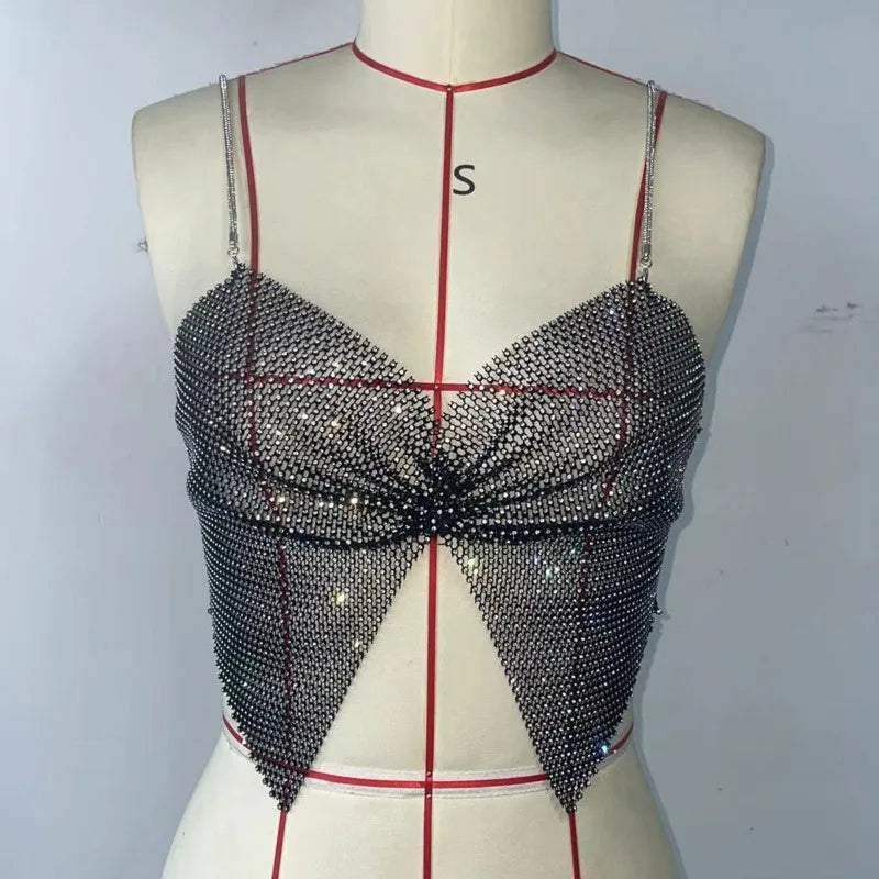 Toucheart Sexy Bow Knot Rhinestones Perspective Suspender Bra For Women Sexy Hottie Fishing Slit Lining Sleeveless Backless Bra