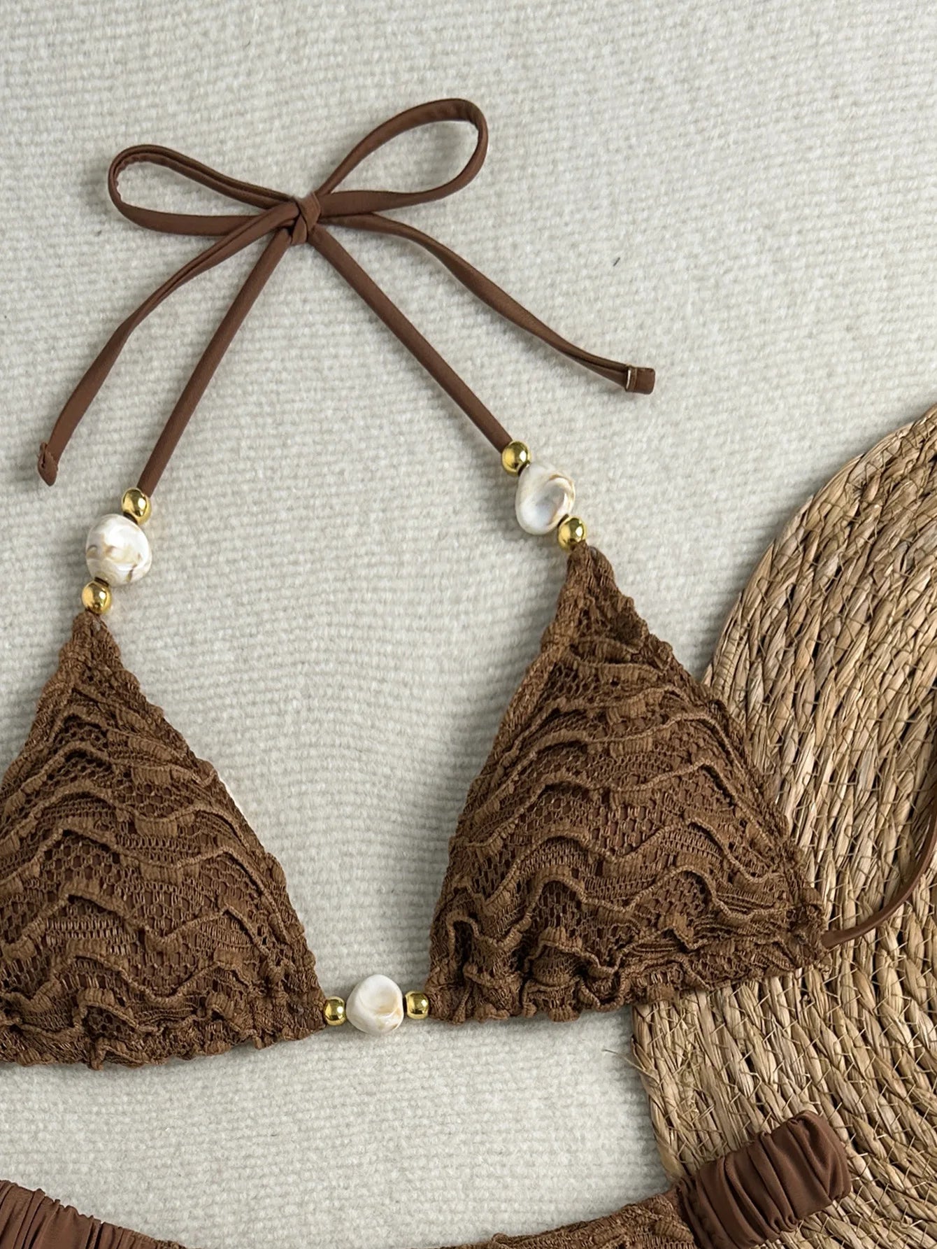 2026 Wrinkled Crinkled Halter Beads Bikini Women Swimwear Female Swimsuit Two-pieces Bikini Set Bather Bathing Suit Swim Lady