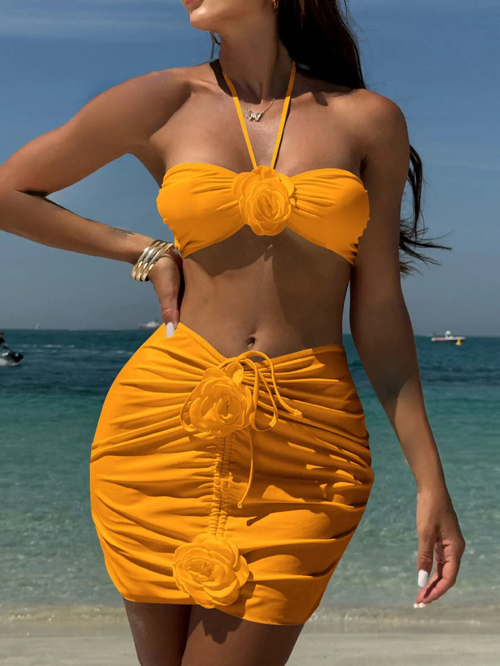 New 3D Flowers With Skirt Brazilian Bikini Women Swimwear Three-pieces Bikini set Female Swimsuit Bather Bathing Suit Swim V5755