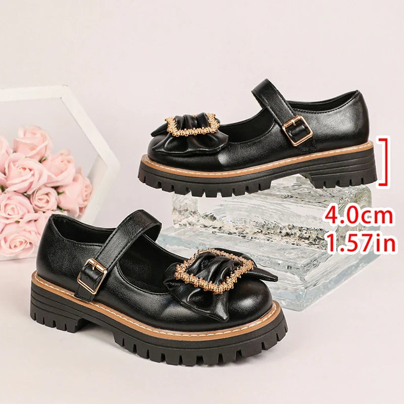 Crystal Buckle Platform Mary Jane Shoes Women Plus Size 43 Thick Sole Pu Leather Shoes Woman Ankle Strap Round Toe Pumps Female