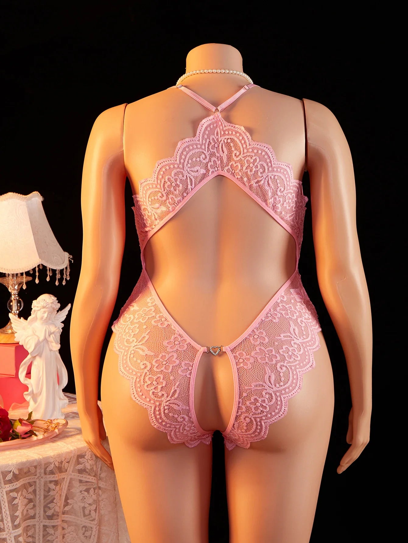 Erotic Hot women Plus Size Lace Halter Teddy Bodysuit Crotchless Criss-Cross Back Deep V Neck Open Crotch sexy Lingerie 1XL-4XL