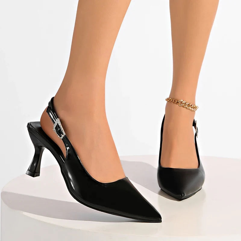 Sexy Black Pointed Toe Stiletto Heel Sandals Women Elegant Crystal Buckle High Heels Dress Shoes Woman Back Strap Mules Shoes