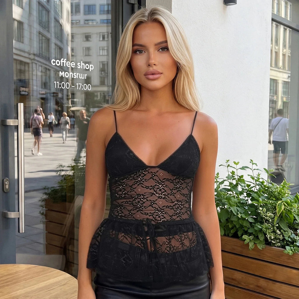 Women Lace Camisole Sleeveless Tops V-neck Solid Color Slim Fit Summer Sheer Crop Tops Party Clubwear