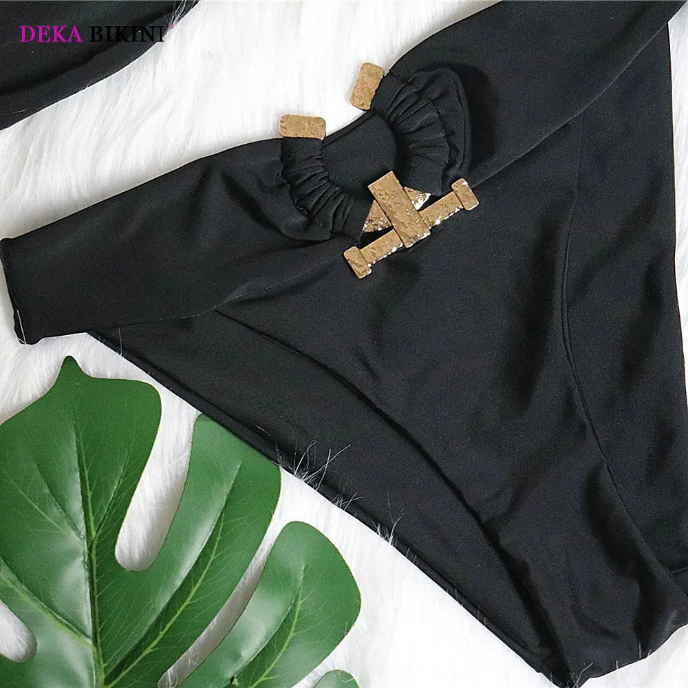 DEKA Bandeau U-Neck Metal Bikini Set Push Up Padded Cup Swimwear Women Solid Swimsuit Beachwear Water Swiminmg Bathing Suit