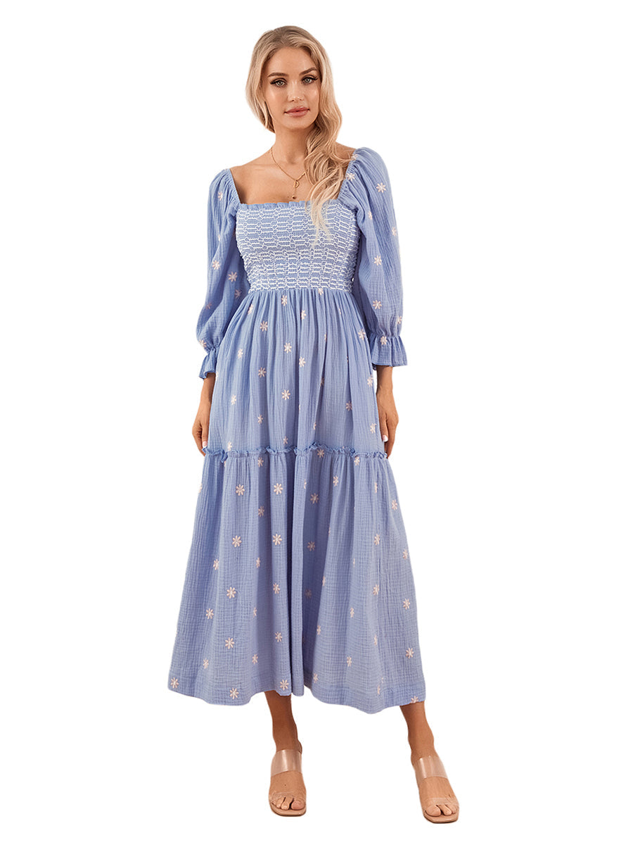 Women Spring Fall Long Dress Long Sleeve Dress Square Neck Embroidery Flower Loose Swing Dress Wit Pocket