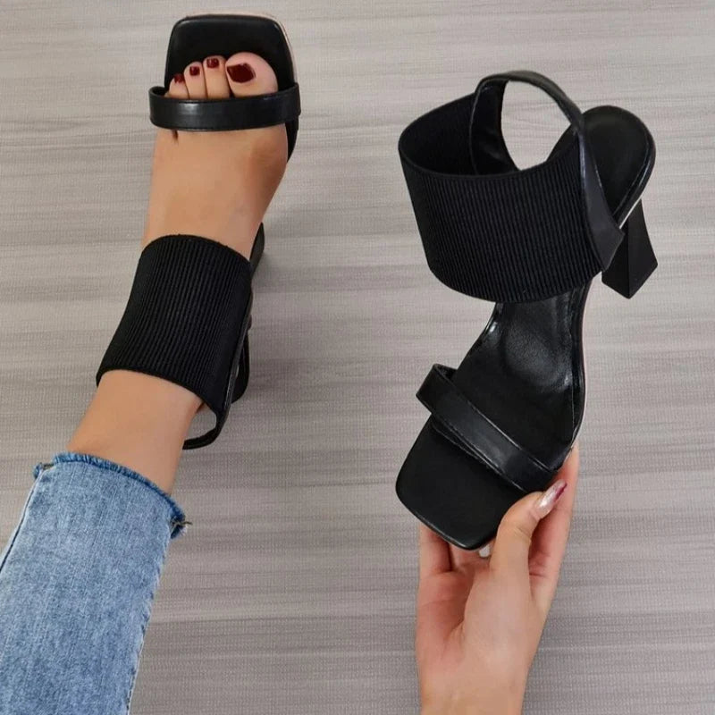 Square Toe High Heeled Sandal Women's Elastic Strap Slingback Pyramid Heeled Shoes Fashion Plus Size Sandals with Peep Toe Heels