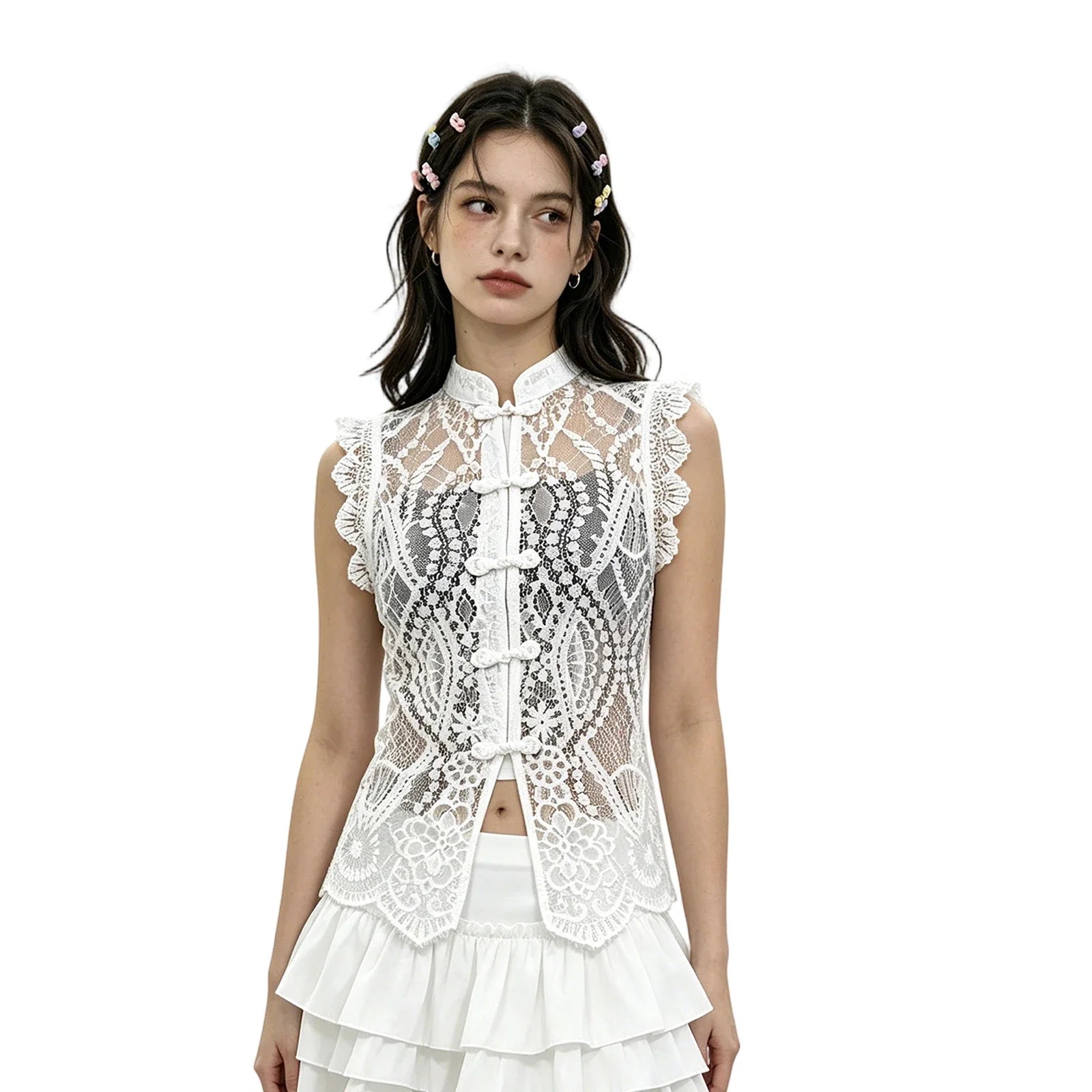 Women's Solid Color Lace Tank Tops Mandarin Collar Sleeveless Frog Buttons Summer Vest