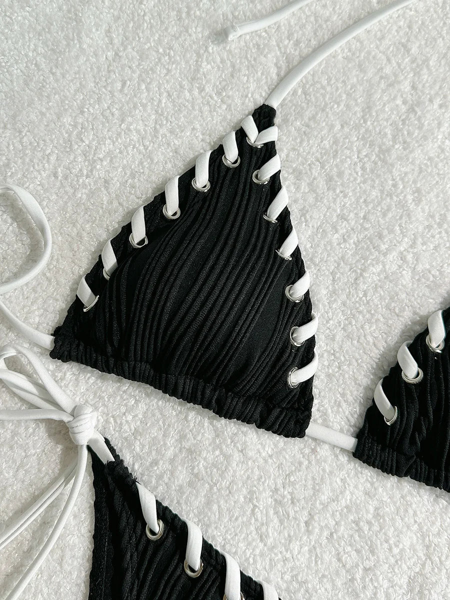 2025 Halter Wrinkled Weaved Bikini Women Swimwear Female Swimsuit Two Pieces Bikini Set Brazilian Bathing Suit Swim Beach Wear