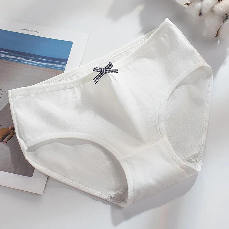 5Pcs Women Underwear Made Of Pure Cotton, Breathable Mid Waist, Pure Color, Thin Breathable Bow Underwear For Girls