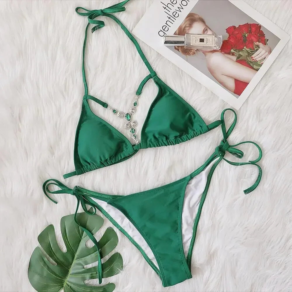 Bikini 2026 Sexy Crystal Diamond Hollow Vintage Solid Swimwear Swimsuit Women Bikinis Set Bathing Suit Beach Bikini Luxe Female