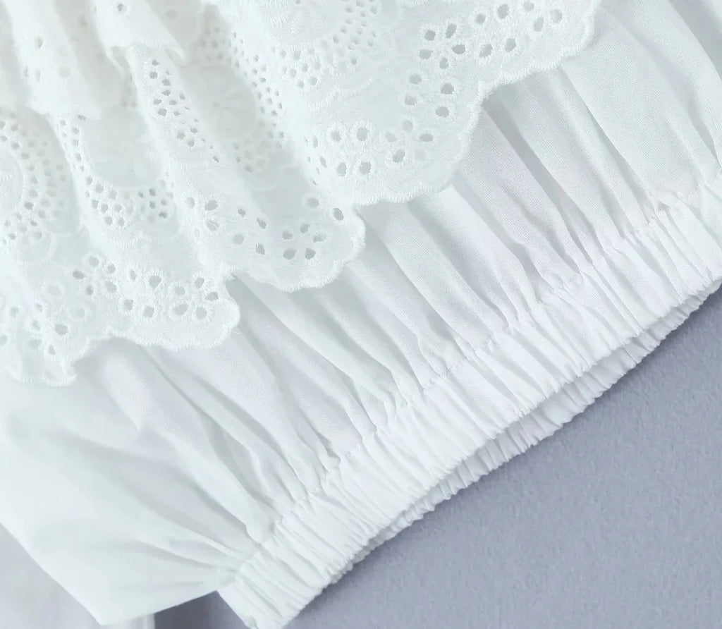 Foridol Summer Off Shoulder White Lace Skirt Set Dress Women Outfits Ruffles Tiered Mini Flower Embriodery Two Pieces Beach Suit