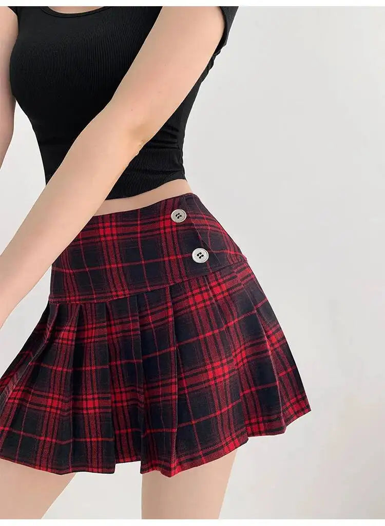 American Style Retro Low Waisted JK Plaid Pleated Skirt Women 2026 Summer New Spicy Girl Wrap Hip Slim A-line Ultra Skirt YOQG