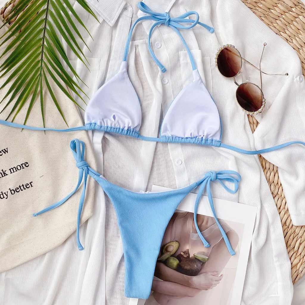 5 Colors Sexy Bikini Women Solid Swimwear Swimsuit Triangle Halter Pit Striped Bikinis Set Bathing Suit Female Banadores Mujer