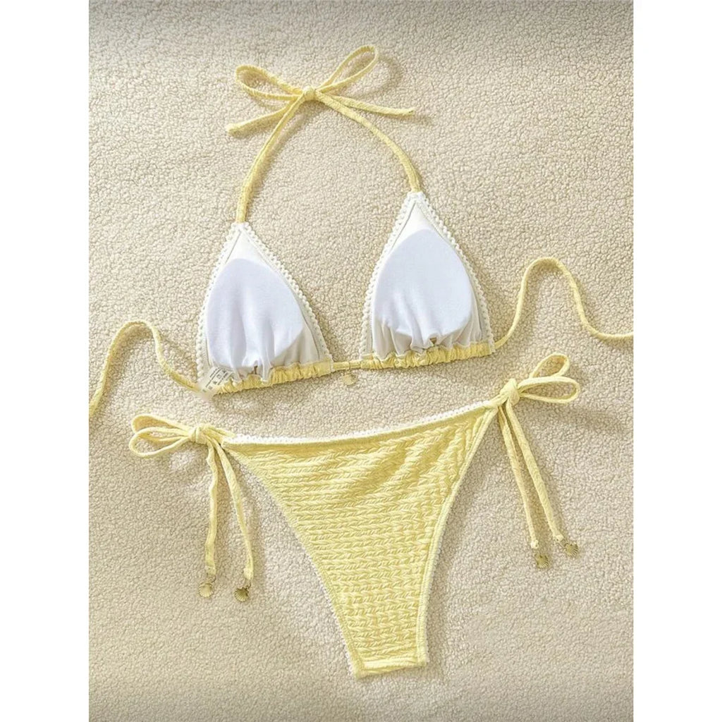 High Cut Leg Two-Pieces Bikini Set Bather Bathing Suit Swim Wrinkled Crinkled Halter Bikini Women Swimwear Female Swimsuit M125