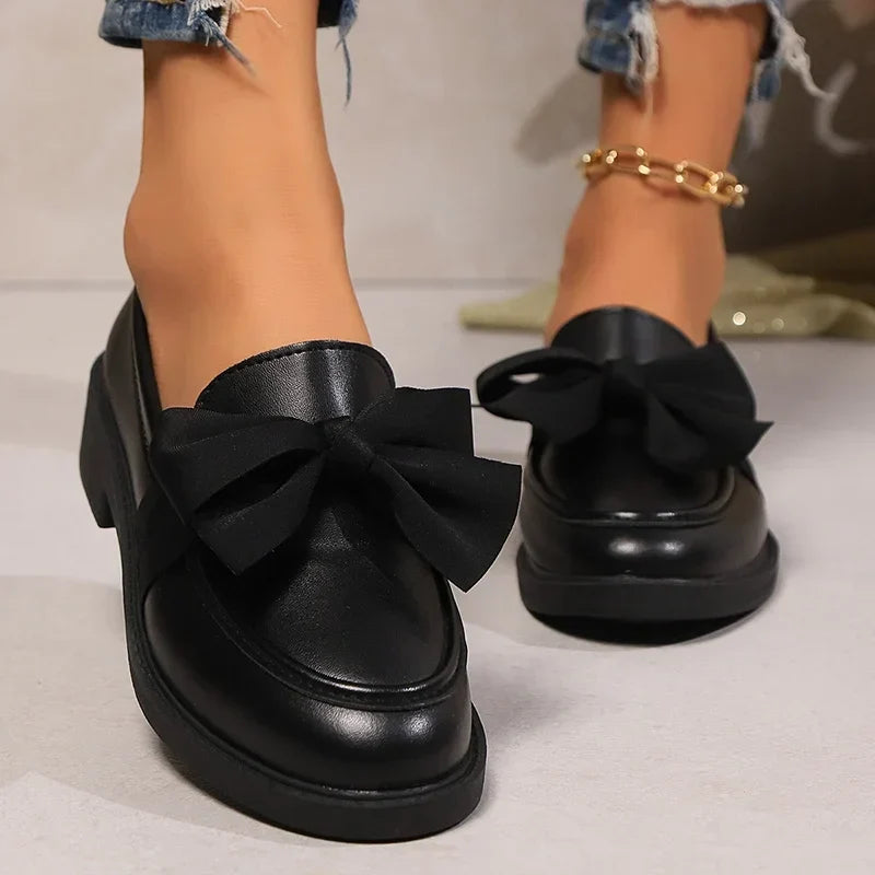 2025 Spring Black Bow Tie Loafers Women Preppy Platform Thick Sole Pumps Lady British Retro Style Office Pu Leather Shoes Mujer