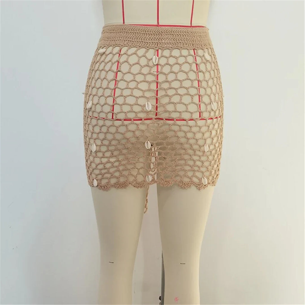 Hollow Out See Through Shell Crochet Knitted Beach Skirt Cover Up Cover-ups Beach Dress Beach Wear Beachwear Female Women V6479