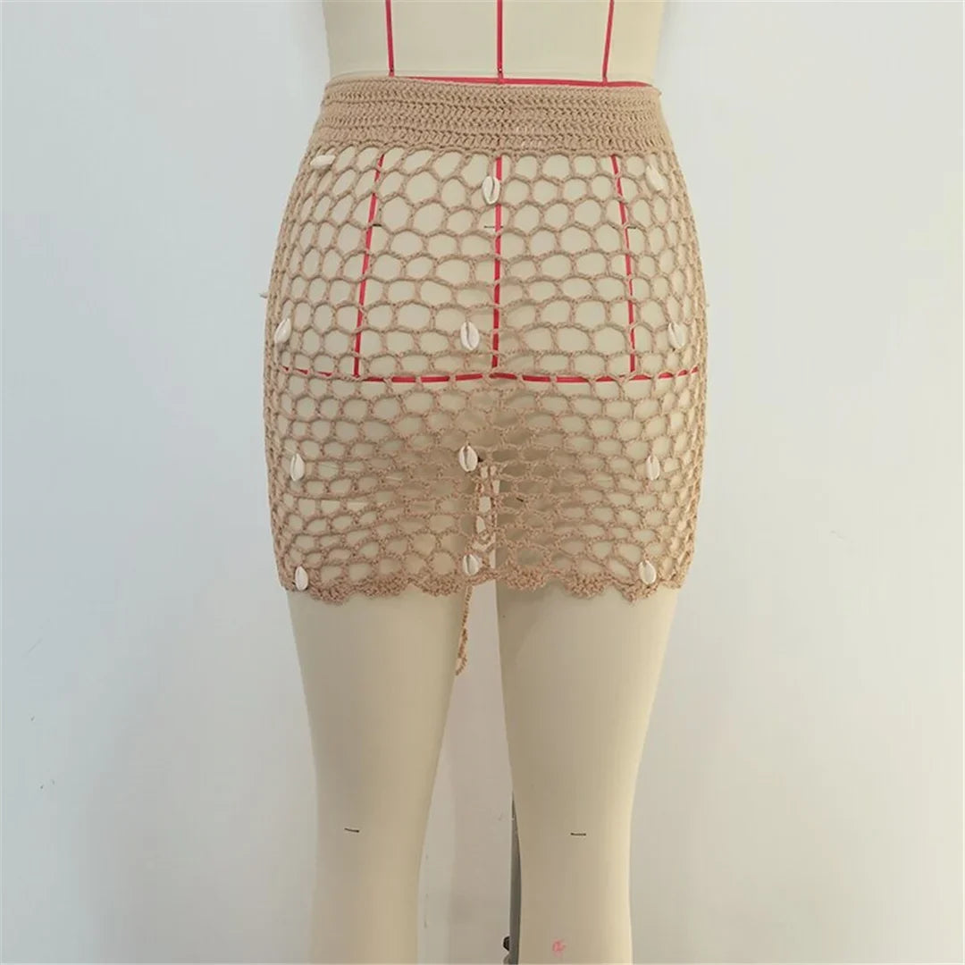 Hollow Out See Through Shell Crochet Knitted Beach Skirt Cover Up Cover-ups Beach Dress Beach Wear Beachwear Female Women V6479
