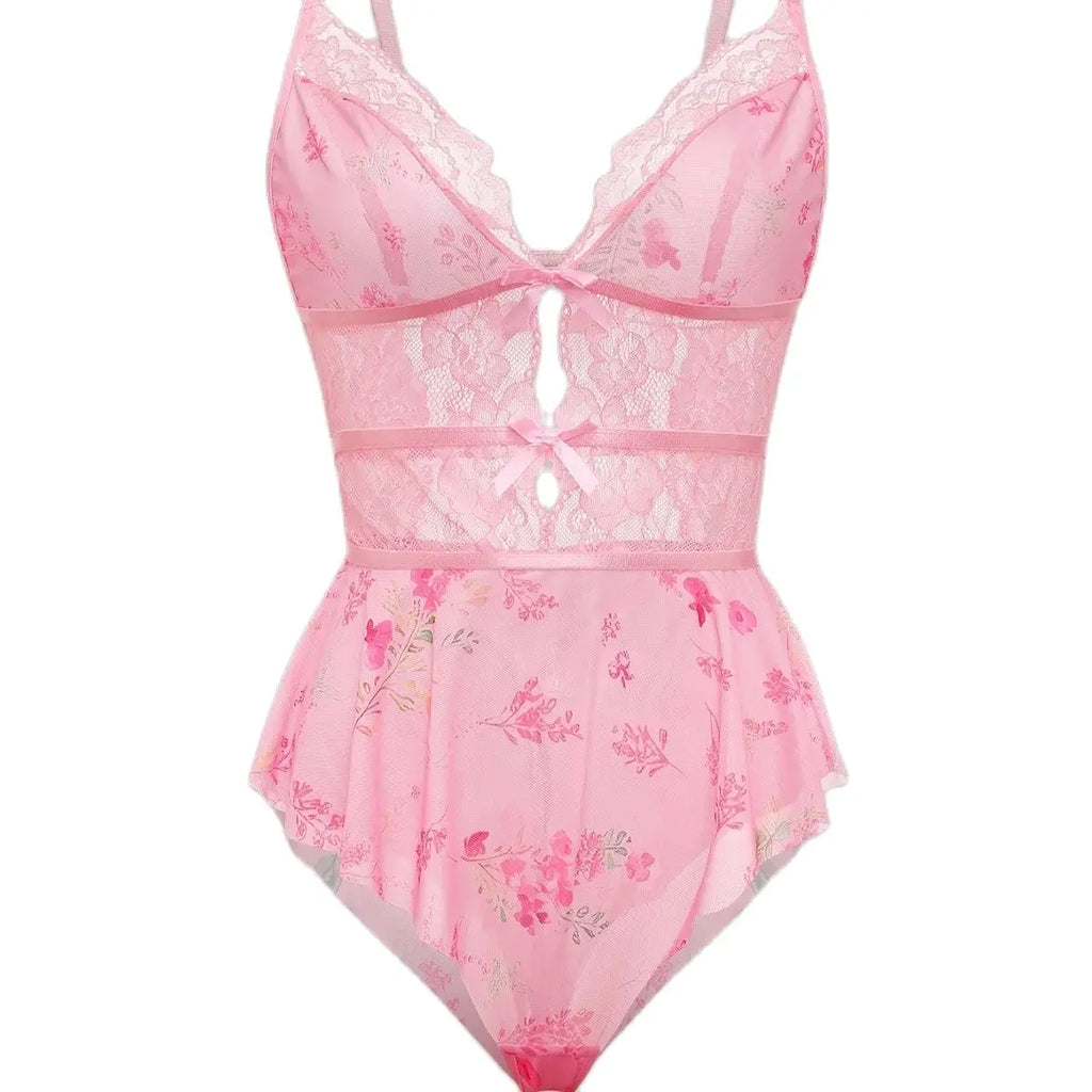 Floral Sheer Lace Deep V Bodysuits Transparent Hollow Mesh Patchwork Strap Slim Fit One Piece Bodysuits Sexy Women's Pajamas