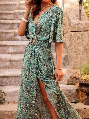 Spring Summer Printed Dress Short Sleeved Deep V-neck Slimming Waist Long Dresses Temperament Slit Dresses Vestidos Para Mujer