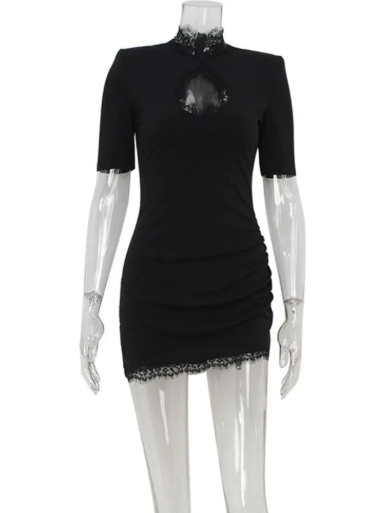 Ahagaga Sexy Sheath Women's Mini Dresses Solid Lace Turtleneck Slim Fit Bodycon Hollow Out Half Sleeves Streetwear Vestidos Robe