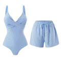 Vintage Blue Striped Swimwear Women Drawstring Shorts Sets 2026 V Neck Cross Slimming Bathing Suit Holiday One Piece Swimsuit