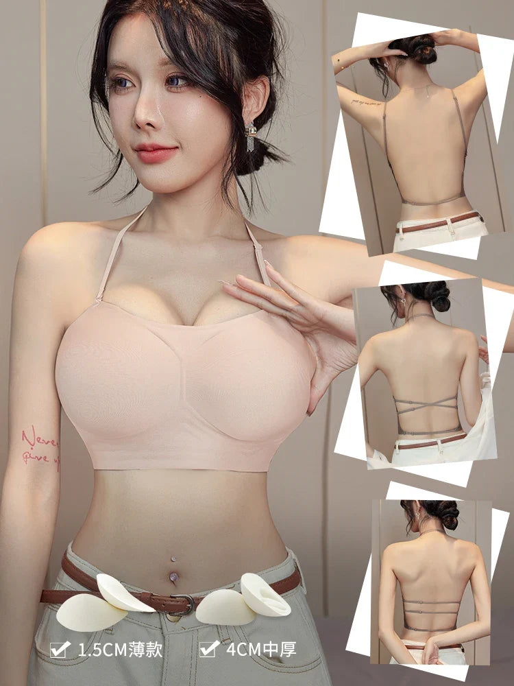 MOYISU Low Back Bra Small Chest -Thickened Pads Convertible Straps Seamless Enhancer for Dresses Elegant Exposed Shoulder Design