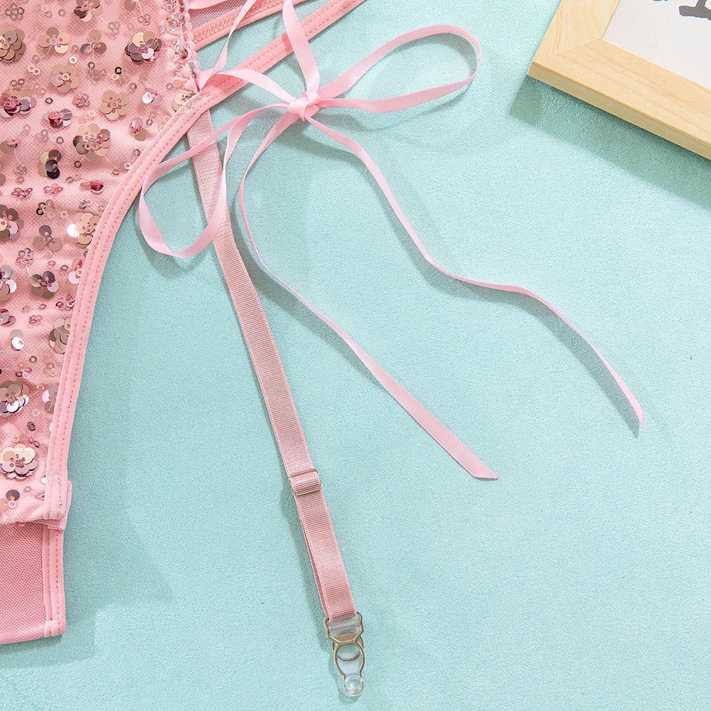 New Pink Sequin Hollow Out Bodysuits Elegant Backless Deep V Suspenders Sleeveless Bodysuits For Women Transparent Charming ZHAN