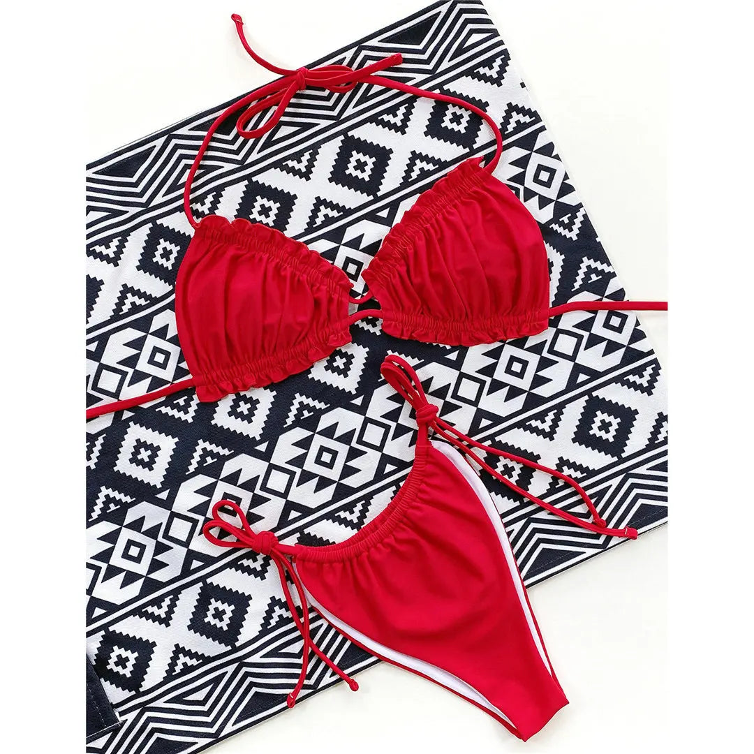 Sexy Ruffled Frilled Pleated Ruched Bikini Women Swimwear Female Swimsuit Two-pieces Bikini Set Bather Bathing Suit Swim V3239