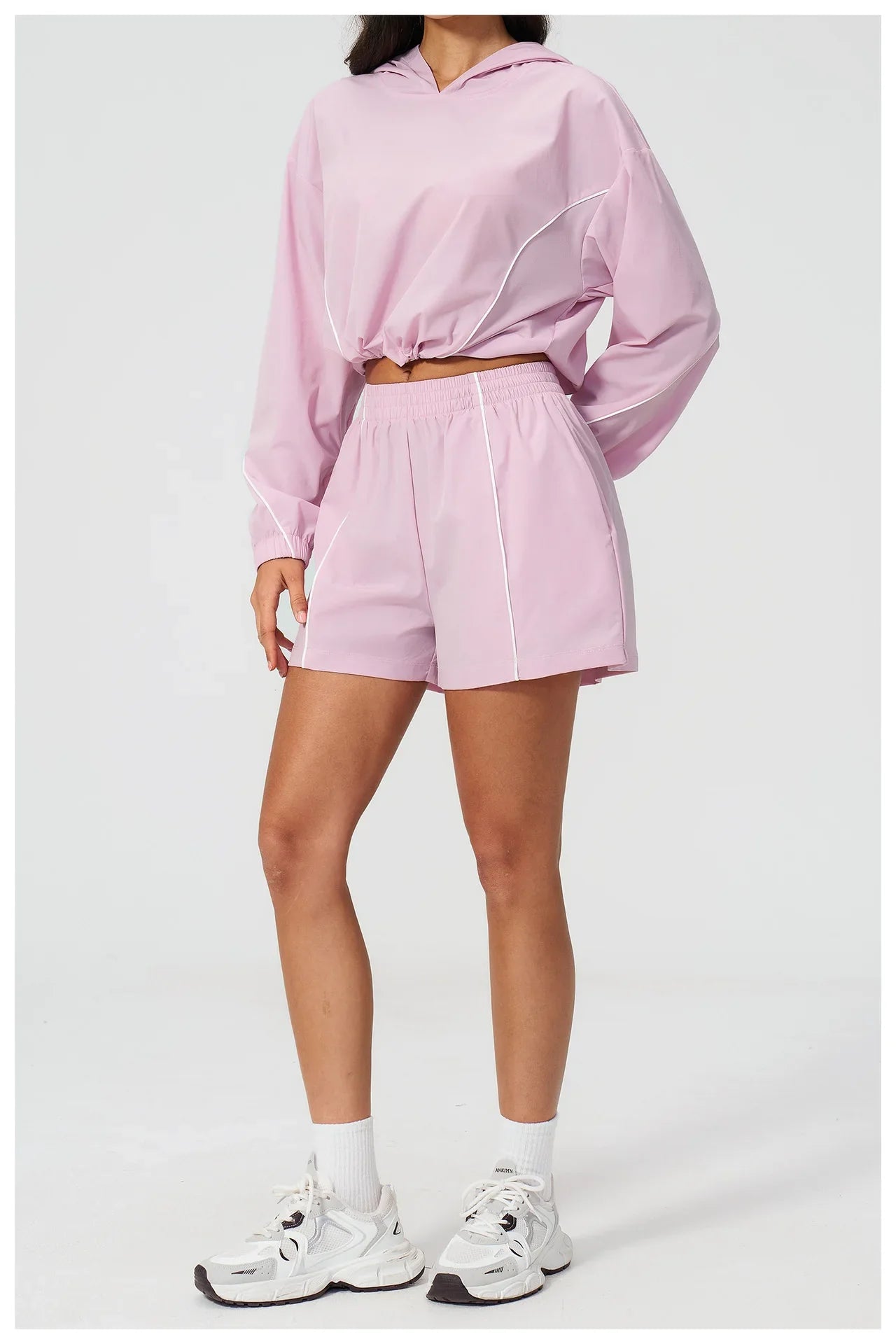 Summer Sun Protection Yoga Suit Women Contrasting Colors Long Sleeve Hoodies Top High Waist Shorts Running Fitness Athletic Wear