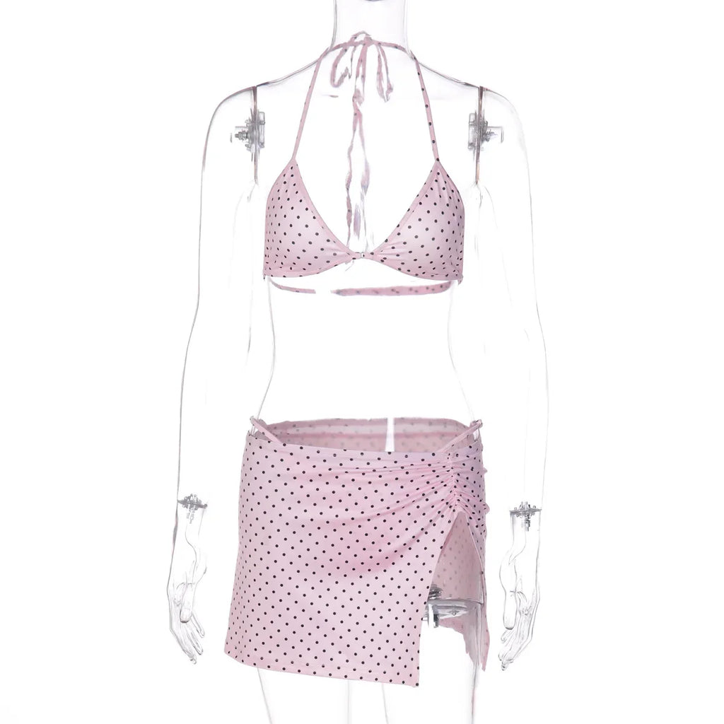 FDYOUI Women's Polka Dot Print Pink Swimsuit Lace-up Bras Panties Split Skirts 3 Pieces Bikinis Sets Bathing Suit Beach Swimwear