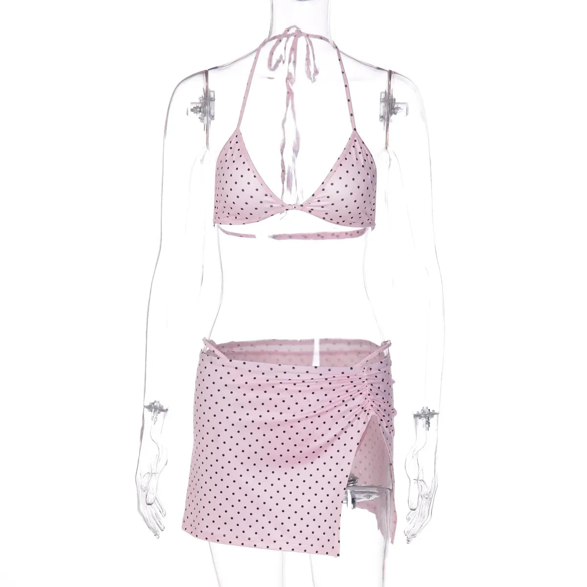 FDYOUI Women's Polka Dot Print Pink Swimsuit Lace-up Bras Panties Split Skirts 3 Pieces Bikinis Sets Bathing Suit Beach Swimwear