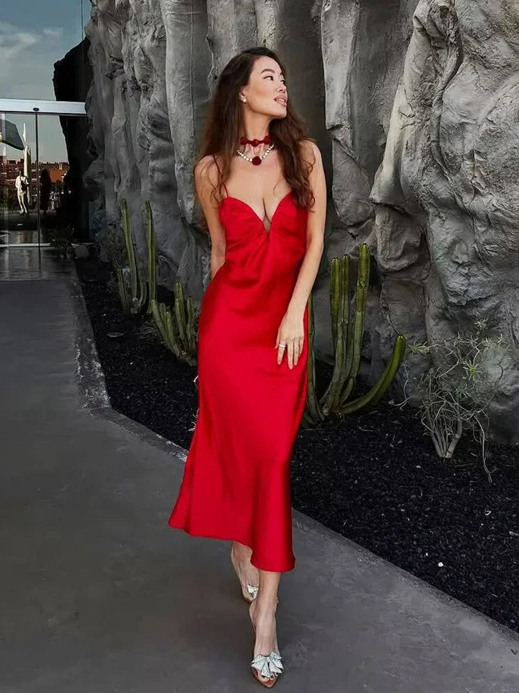 Sweetheart Neck Red Satin Long Dress for Women Spaghetti Strap Straight Elegant Party Vestidos Zip Beach New in Summer Dress