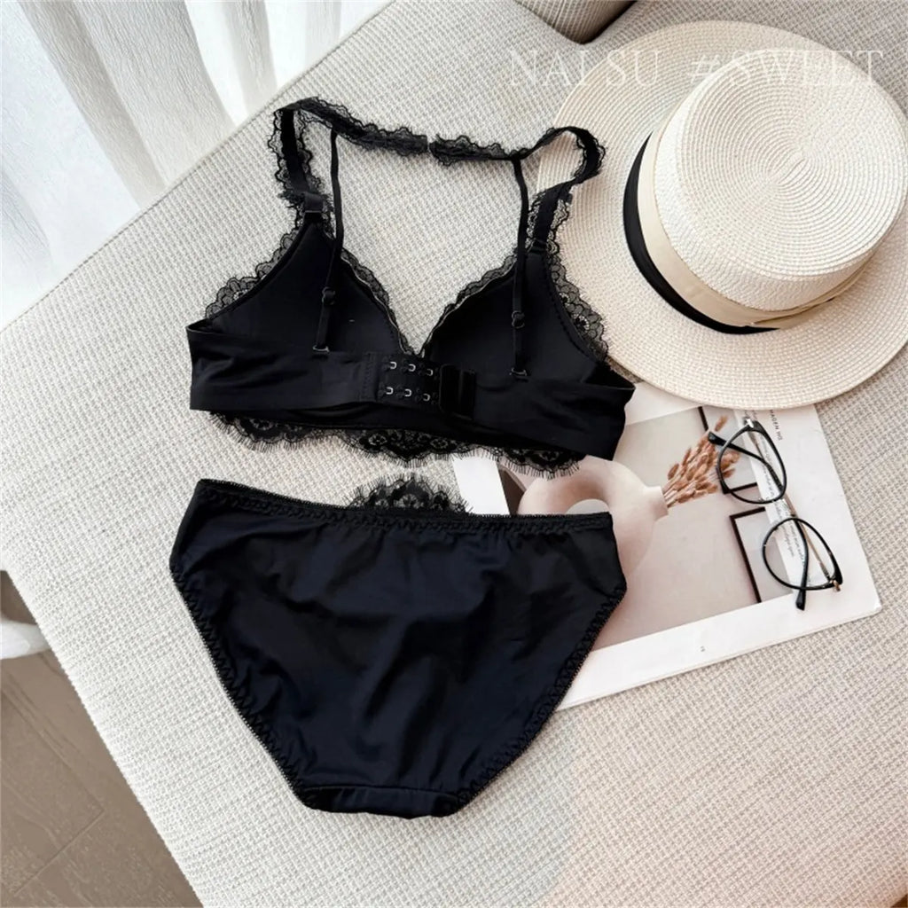 Deep V Halter Neck Bra Set French Style, Lace Push Up Bralette for Small Chest, Sexy Wireless Triangle Bra Set MOYISU Sexy Tushy