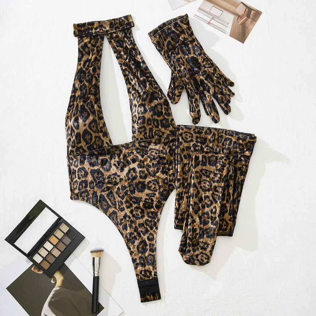 Women Leopard Print Bodysuit With Gloves Leggings Hollow Out Backless Deep V Suspenders Sleeveless Bodysuits Charming Thin 3X4C