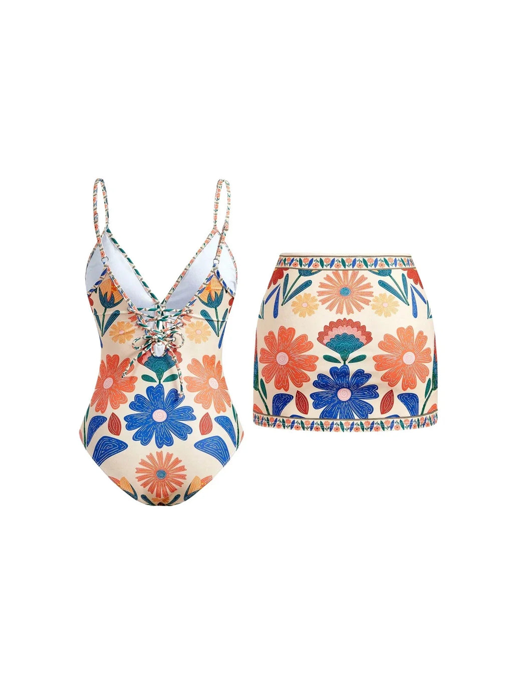S - XL New Floral Printed With Skirt Women Swimwear V Neck High Leg Cut Bather Bathing Suit Swim One Piece Swimsuit Female K8041
