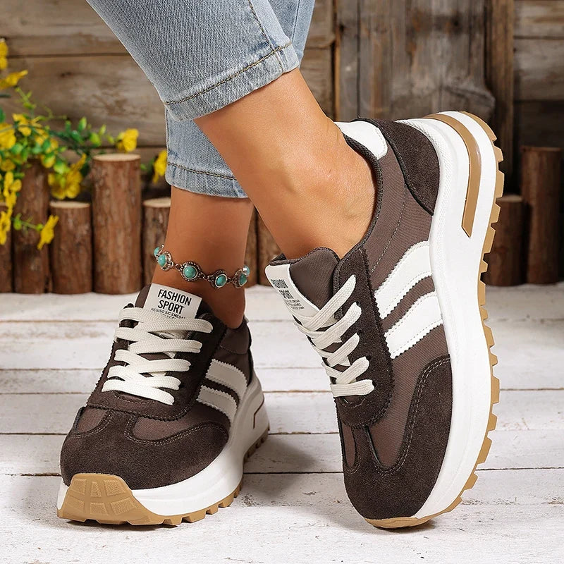 Fashion Stripe Thick Bottom Sneakers Women 2026 Autumn Platform Lace Up Sport Shoes Woman Anti Slip Thick Sole Running Shoes