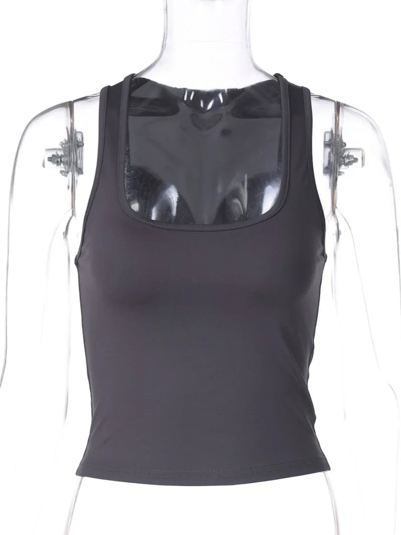 Women's Fashion Solid Tank Tops 2026 Streetwear Sleeveless T-shirt Female Square Collar Skinny Corset Y2K Girls Gray Crop Top