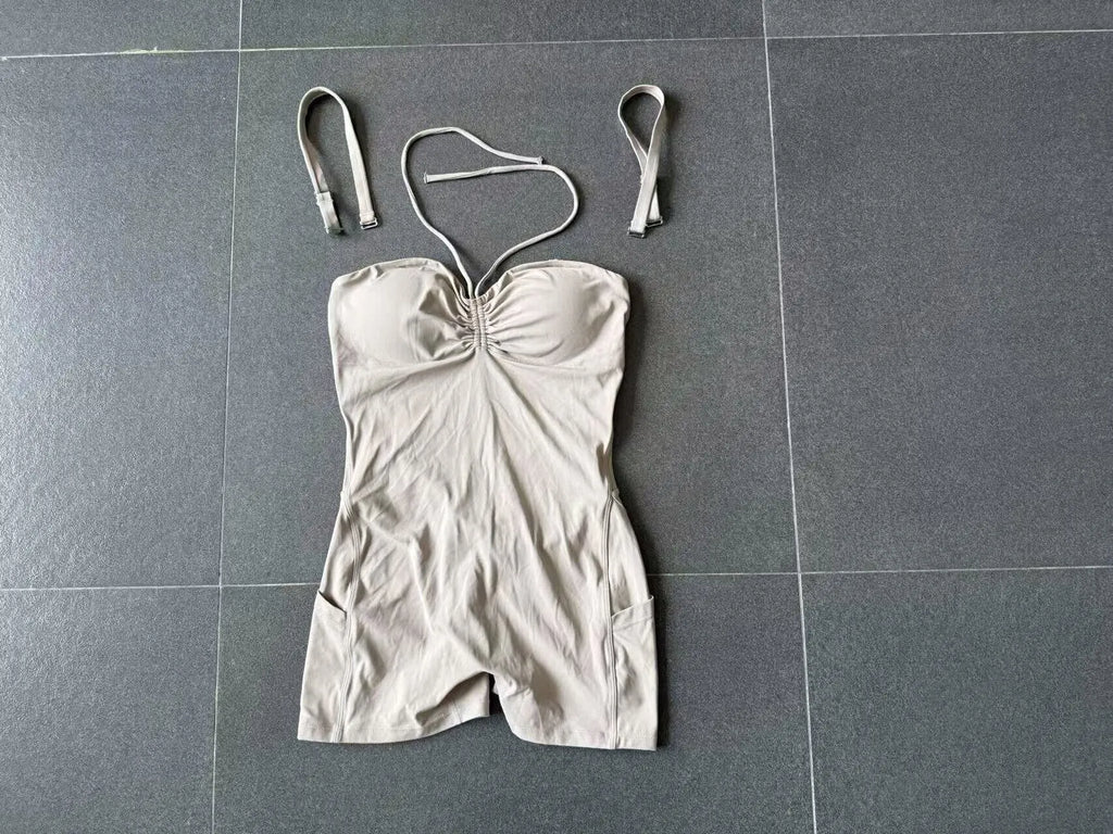 Womens Two Way Wear Bodysuit Sleeveless Yoga Stretch One Piece Romper Sexy Fitness Side Pockets Sportwears Bodysuit